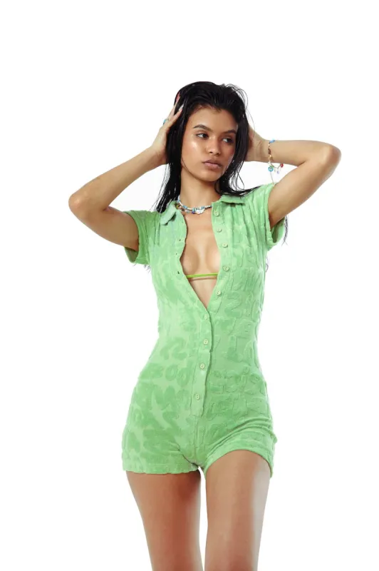 Towelling Playsuit In Green sold by Jaded London