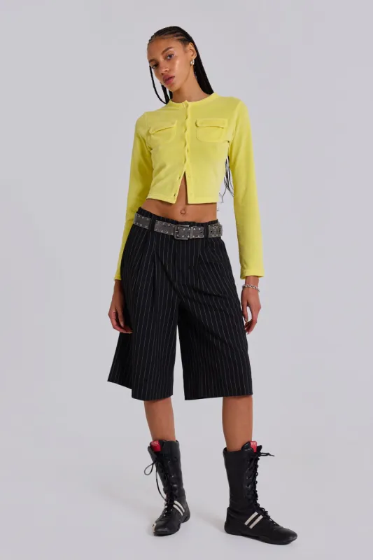 Black Pinstripe Goliath Shorts sold by Jaded London