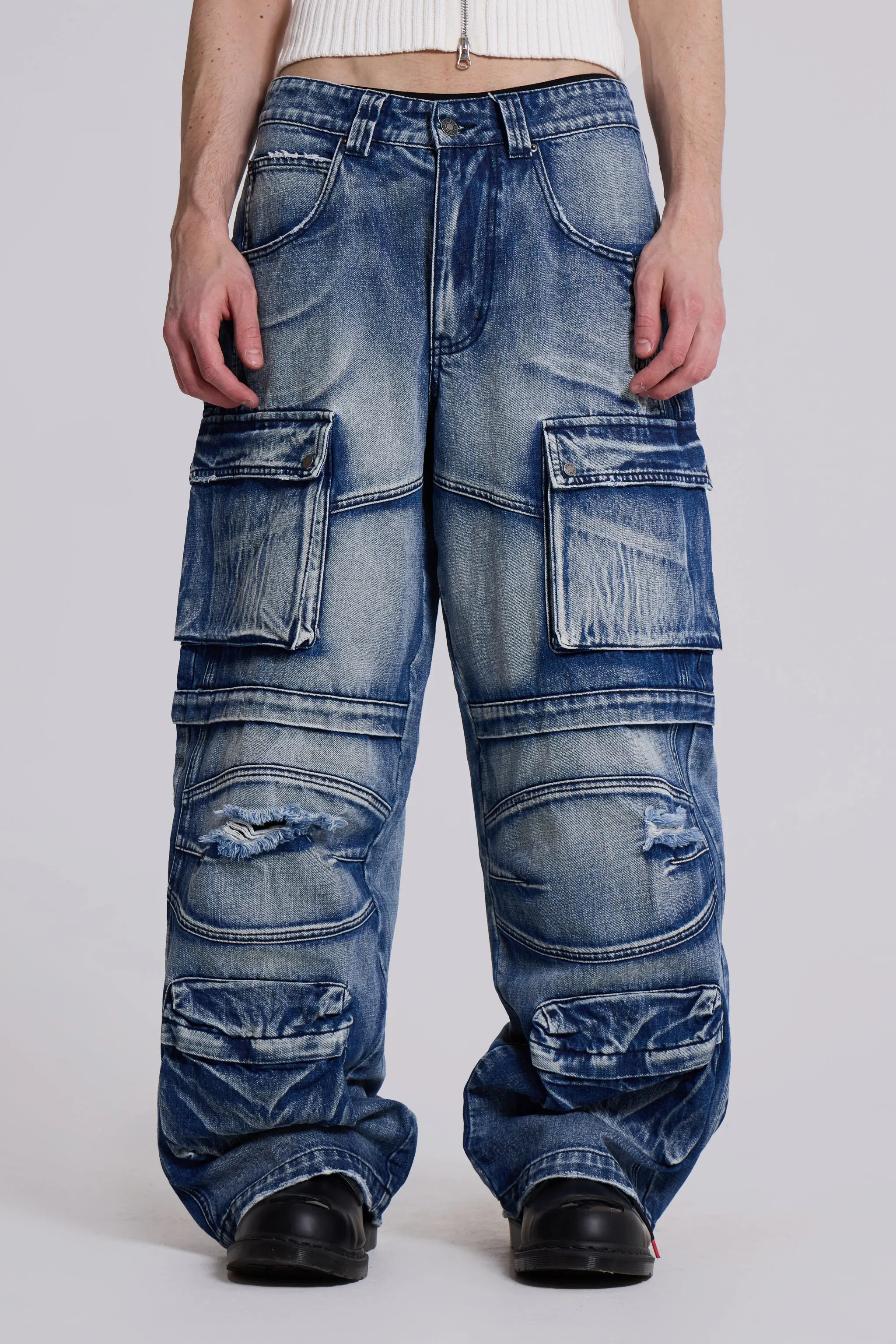 Light Wash Apex Denim Cargos sold by Jaded London