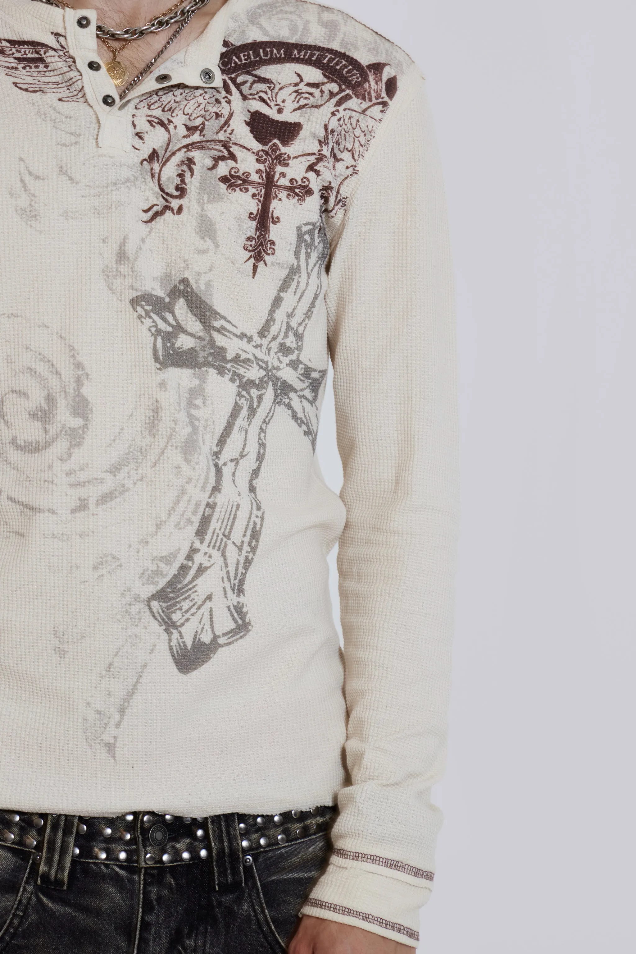 トップス JADED LONDON Waffle Henley T-Shirt Anointed White Waffle Henley T-Shirt | Jaded Man