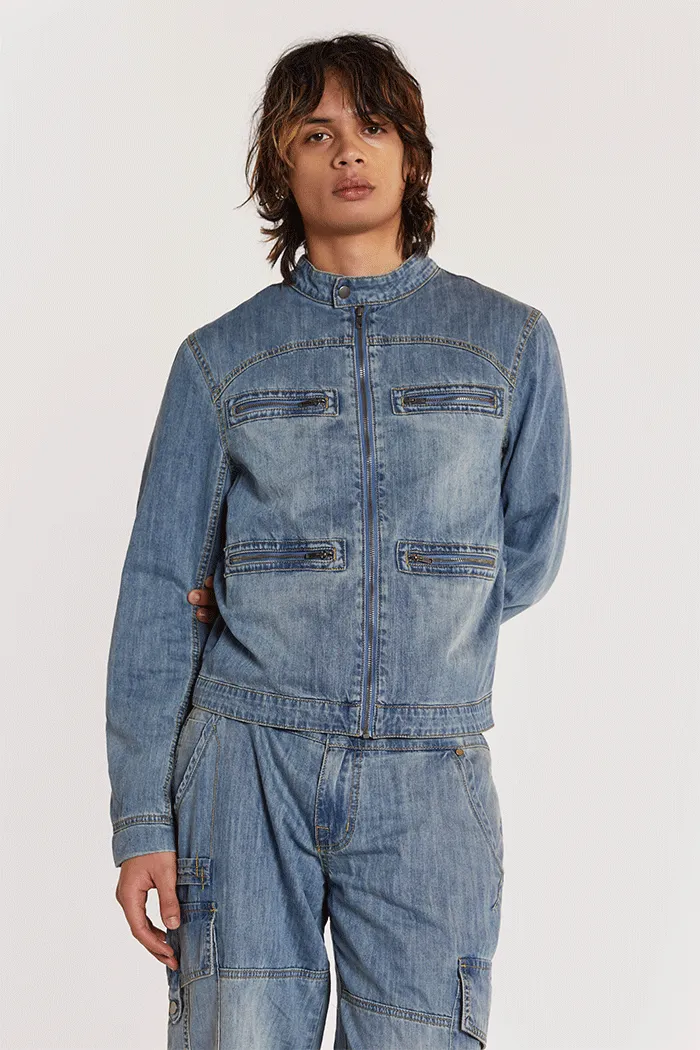 Chambray Denim Moto Jacket sold by Jaded London
