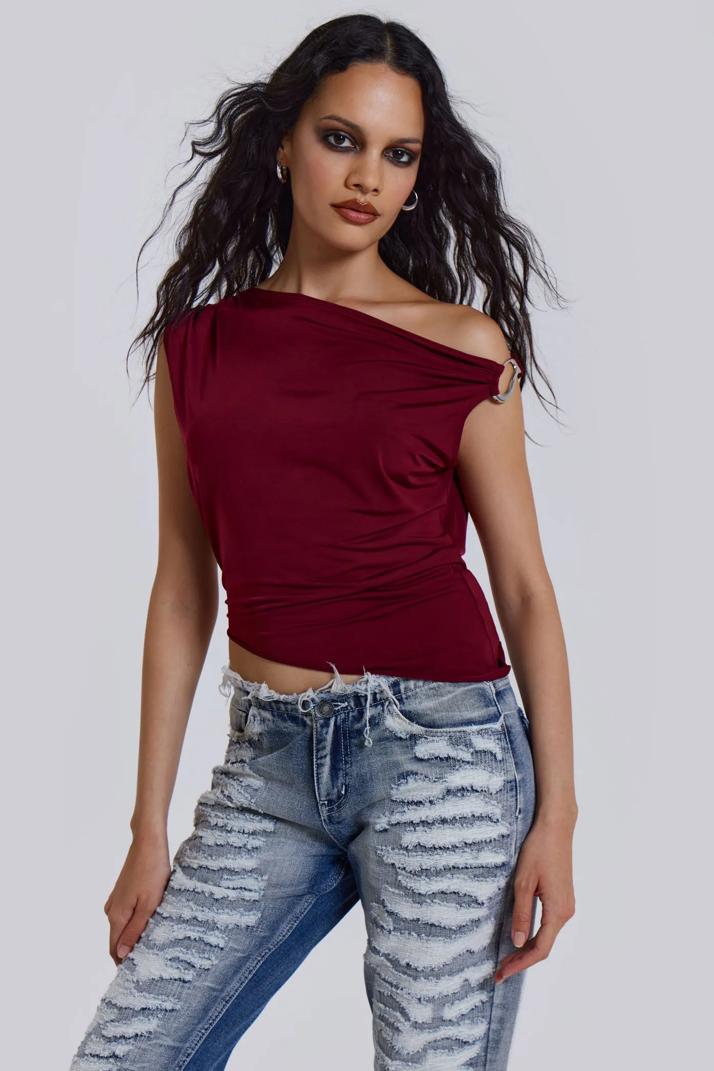 Dare To Drape Top In Red Wine sold by Jaded London