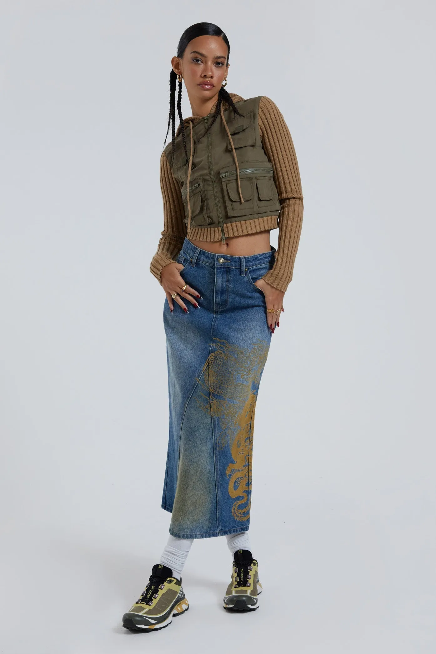 Serpent Denim Slit Maxi Skirt sold by Jaded London