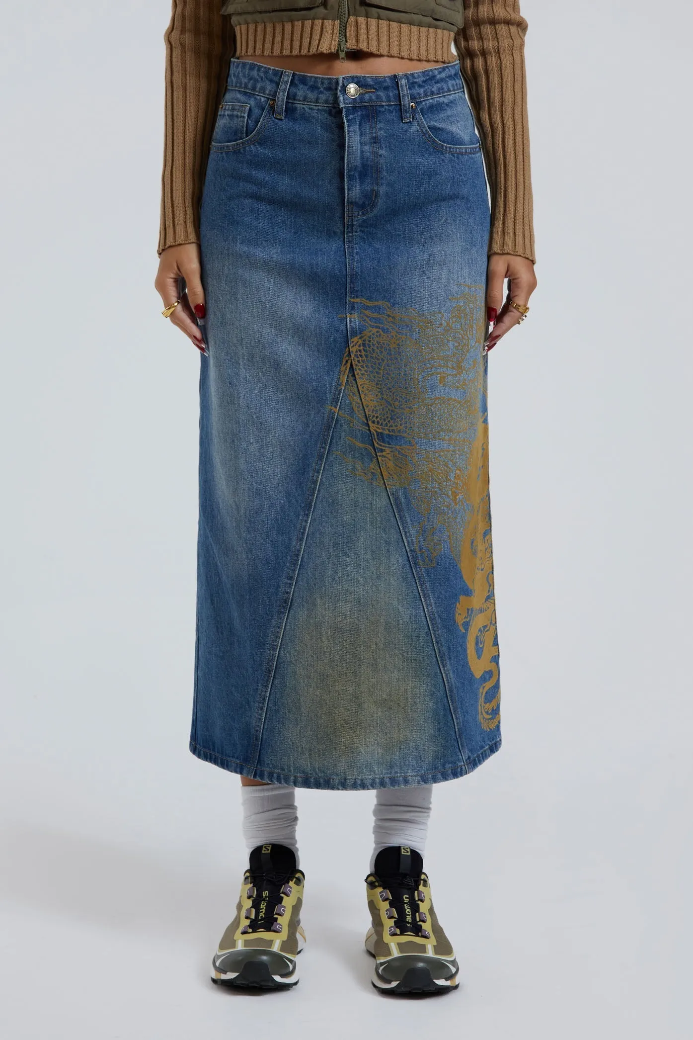 Serpent Denim Slit Maxi Skirt sold by Jaded London product image thumbnail 2