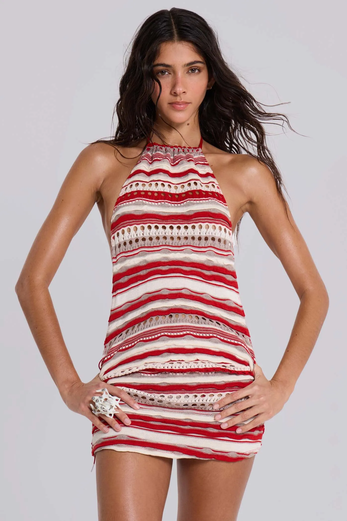 Cata Red Stripe Halter Ruffle Knit Mini Dress sold by Jaded London product image thumbnail 5