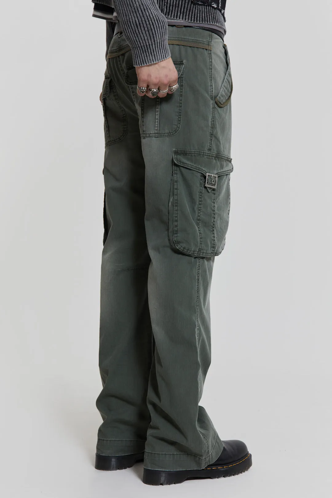 Khaki Straight Leg Cargo Trousers sold by Jaded London product image thumbnail 5