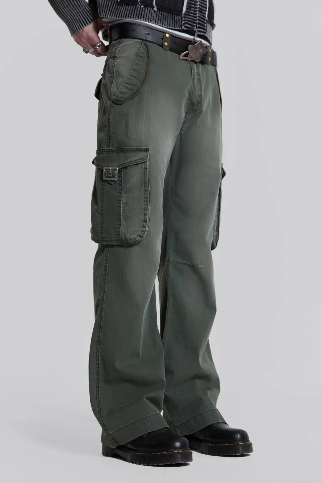 Khaki Straight Leg Cargo Trousers sold by Jaded London product image thumbnail 3
