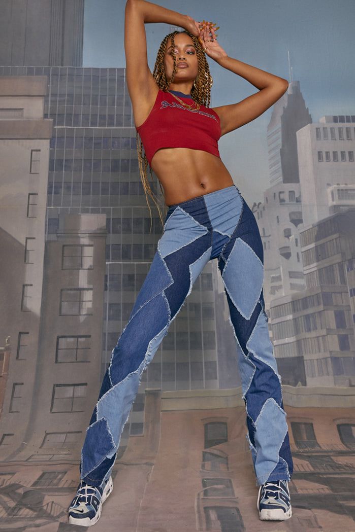 Low Rise Diamond Patchwork Jeans with Side Zip sold by Jaded London
