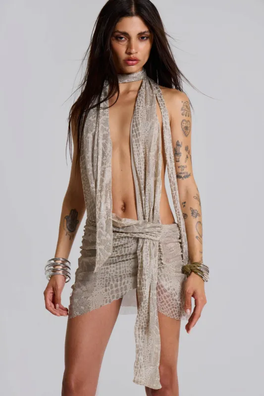 Spyro Snakeskin Plunge Mini Dress sold by Jaded London