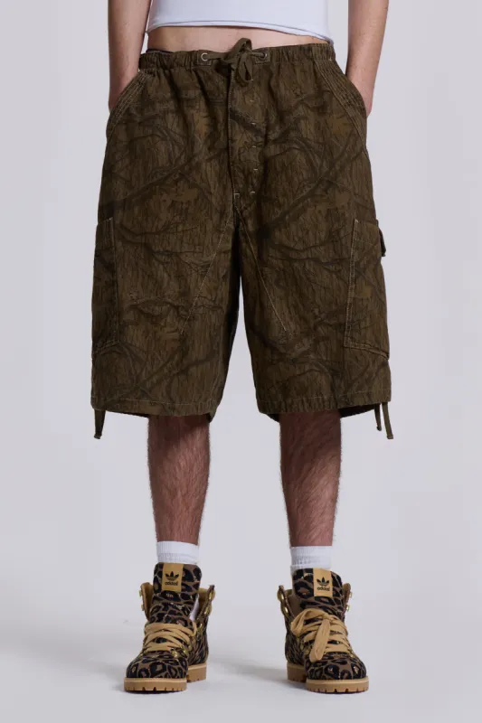Forest Camo Parachute Shorts sold by Jaded London