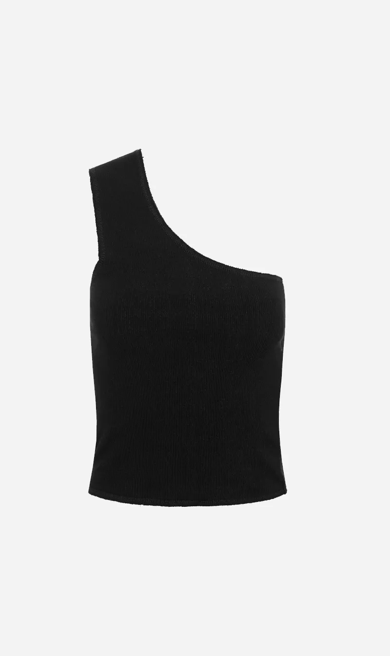 Bassike | Slim Rib One Shoulder Tank - Black sold by Sister & Co