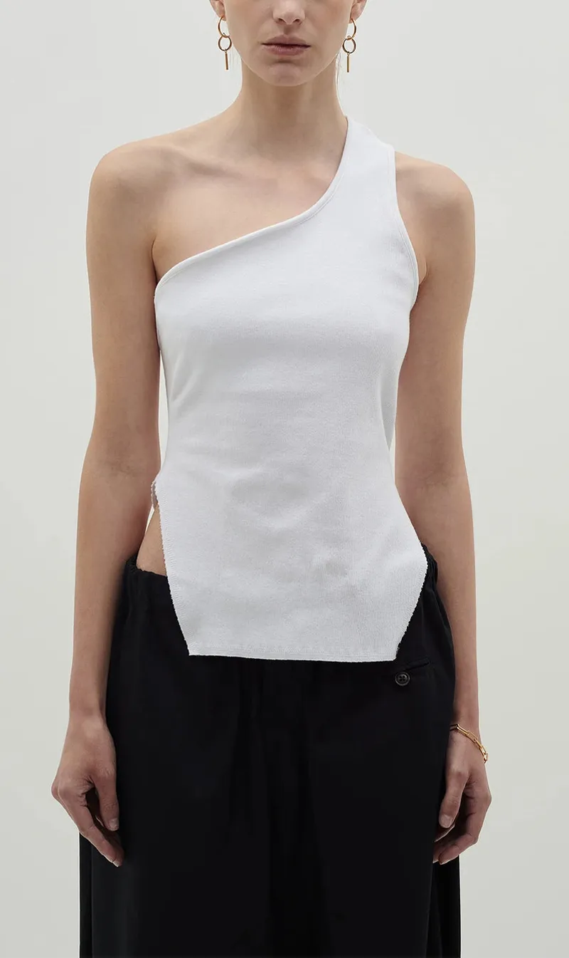 Bassike | Open Back One Shoulder Tank - White sold by Sisters & Co
