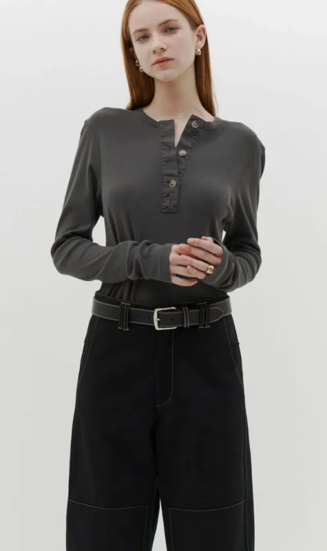 Bassike | Rib Contrast Placket Ls T.Shirt - Charcoal Marl sold by Sister & Co