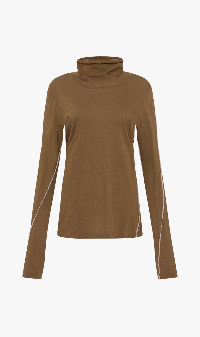 Bassike | Raw Funnel Neck L/s T.Shirt - Chesnut/White sold by Sister & Co