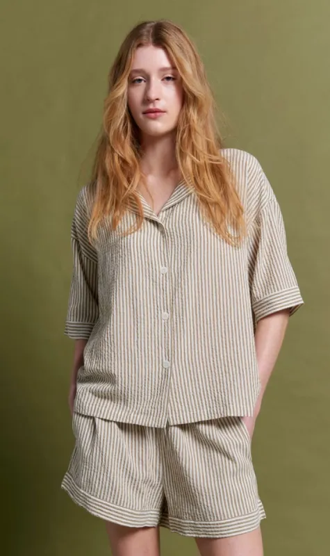 Papinelle x Karen Walker | Seersucker Stripe Boxer PJ Set - Nutria sold by Sister & Co