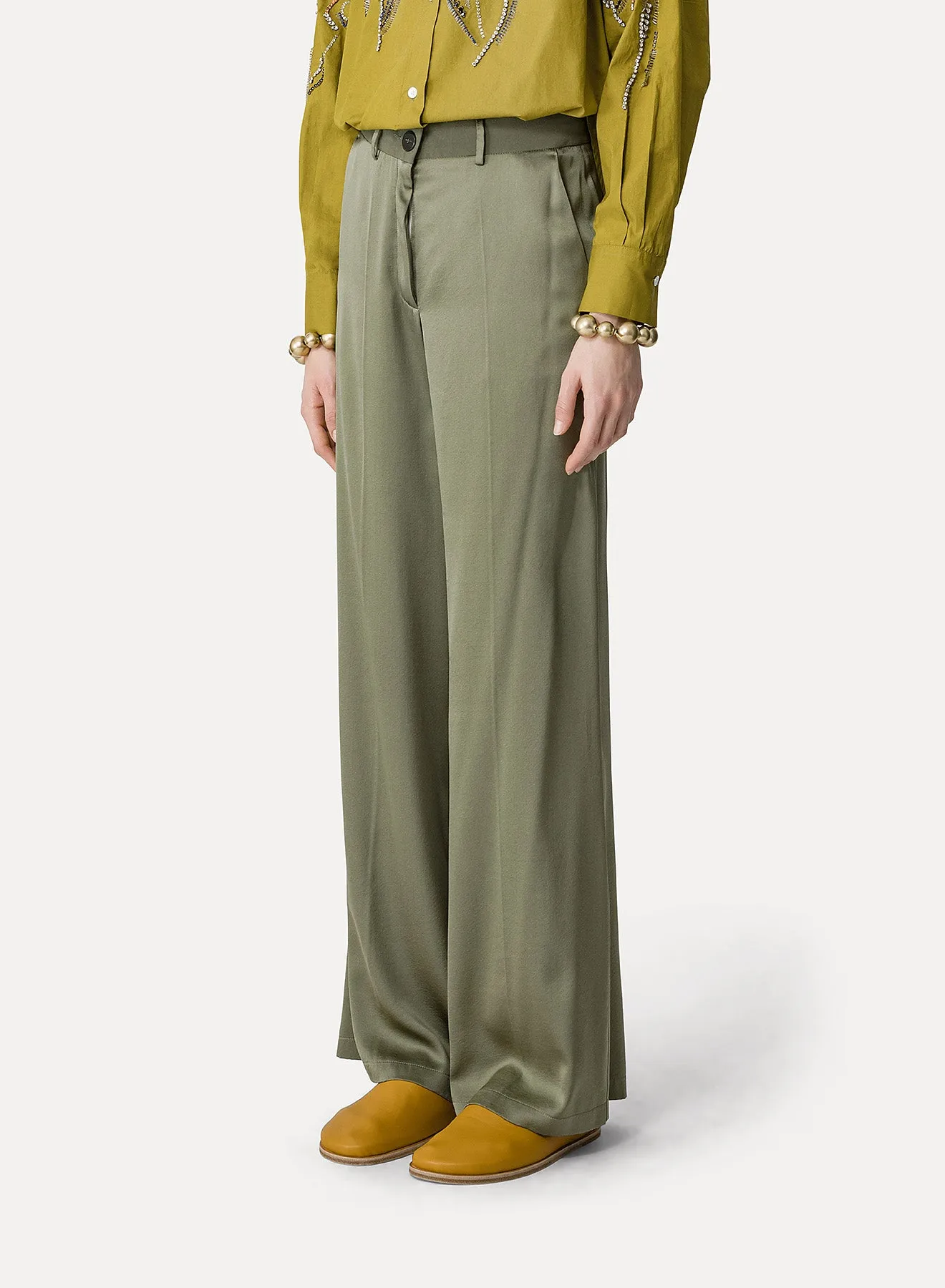 Forte Forte | Stretch Heavy Satin Silk Sartorial Pants - Olive sold by Sister & Co product image thumbnail 2