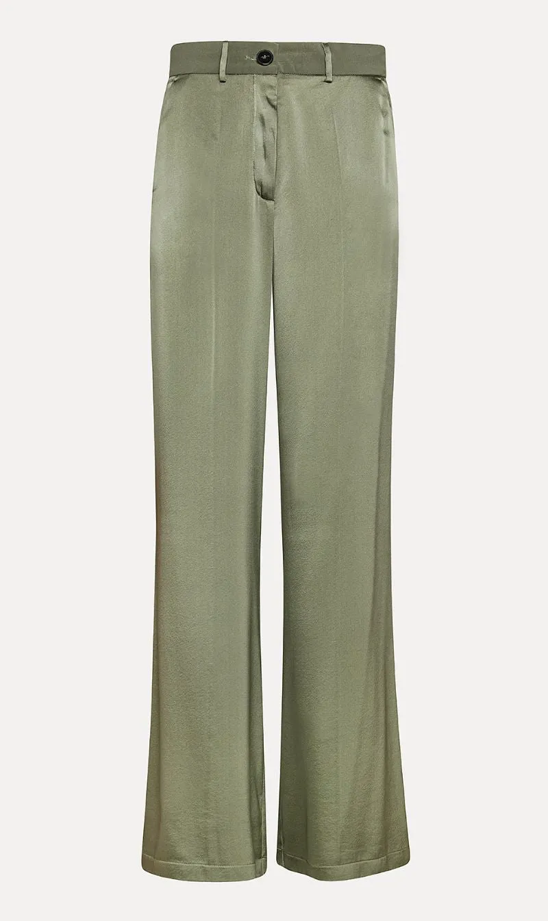 Forte Forte | Stretch Heavy Satin Silk Sartorial Pants - Olive sold by Sister & Co