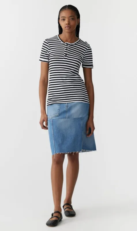 Bassike | Stripe Rib Placket Short Sleeve T.Shirt - Black/White sold by Sister & Co