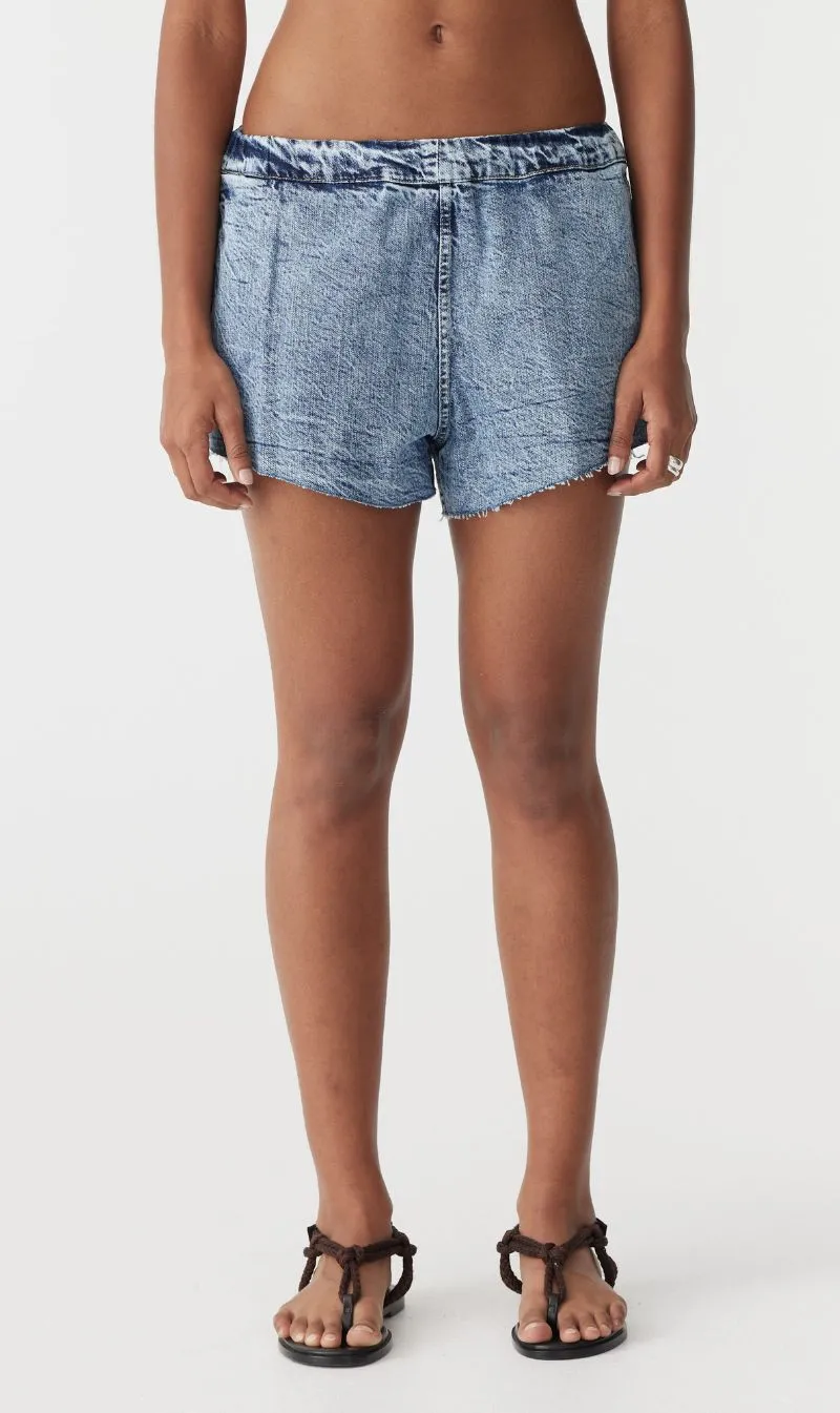 Bassike | Denim Pull On Mini Short - Classic Stone Wash sold by Sisters & Co