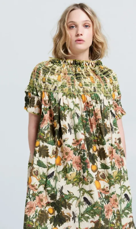 Karen Walker | Gaia Smocked Mini Dress - Macadamia / Green Smocking sold by Sister & Co