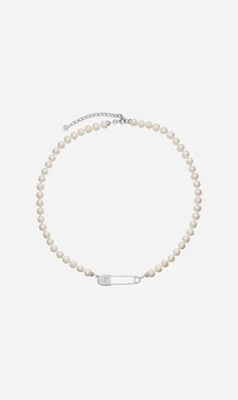 Karen Walker | Runaway Safety Pin Pearls Necklace - Silver sold by Sister & Co