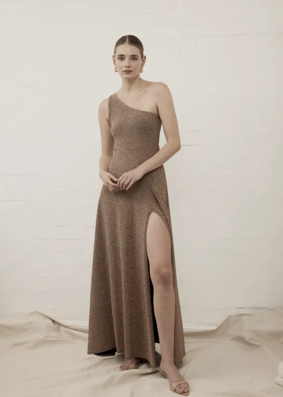 Luxe De Valentina | One Shoulder Como Maxi Dress - Moet Gold Lame sold by Sister & Co