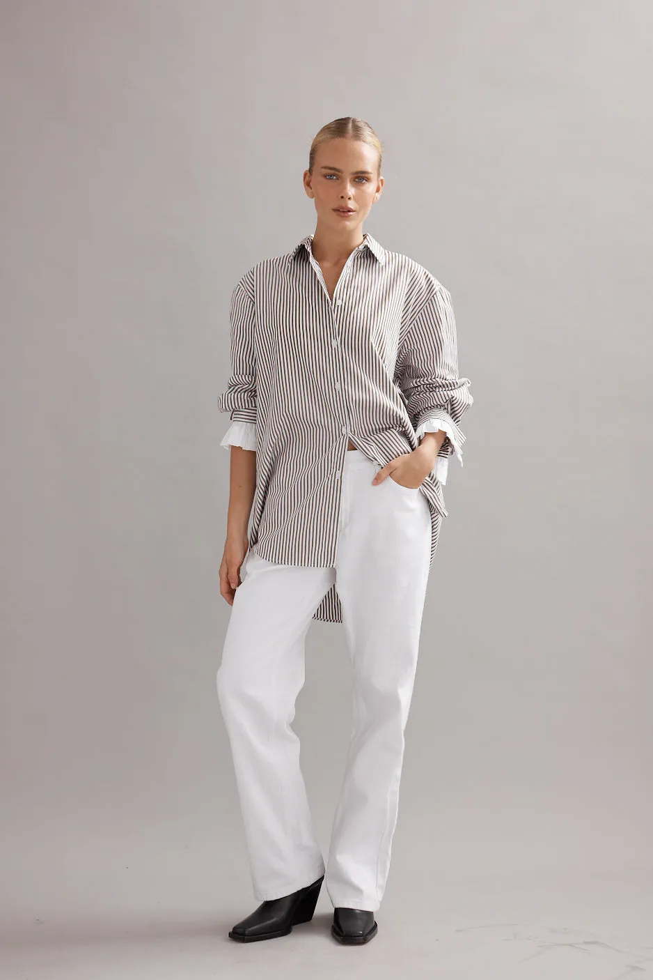 Caitlin Crisp | Vienna Shirt - Mocha Stripe sold by Sister & Co