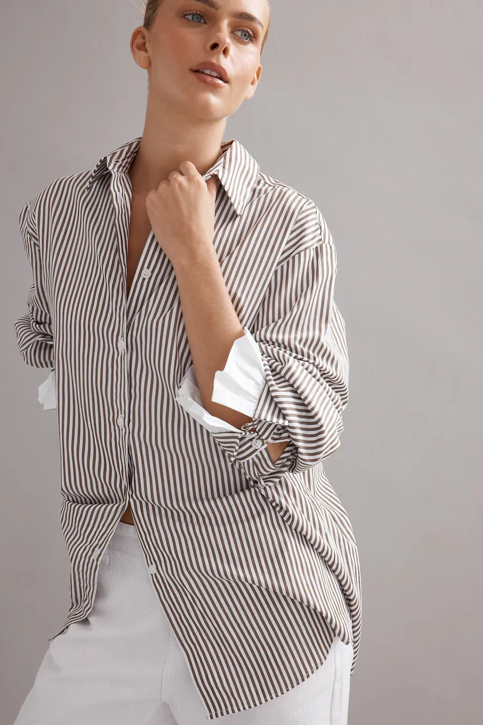Caitlin Crisp | Vienna Shirt - Mocha Stripe sold by Sister & Co product image thumbnail 2