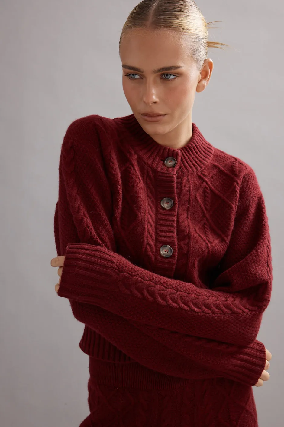 Caitlin Crisp | Cable Knit Cardigan - Maroon sold by Sister & Co product image thumbnail 2