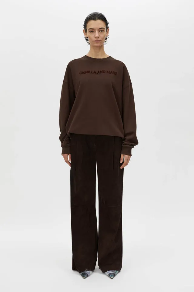 Camilla and Marc | Tia Flocking Logo Crew - Bitter Chocolate sold by Sister & Co