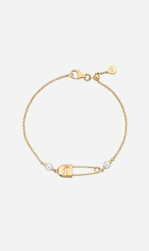 Karen Walker | Runaway Saftey Pin Bracelet with Freshwater Pearls - Gold sold by Sister & Co