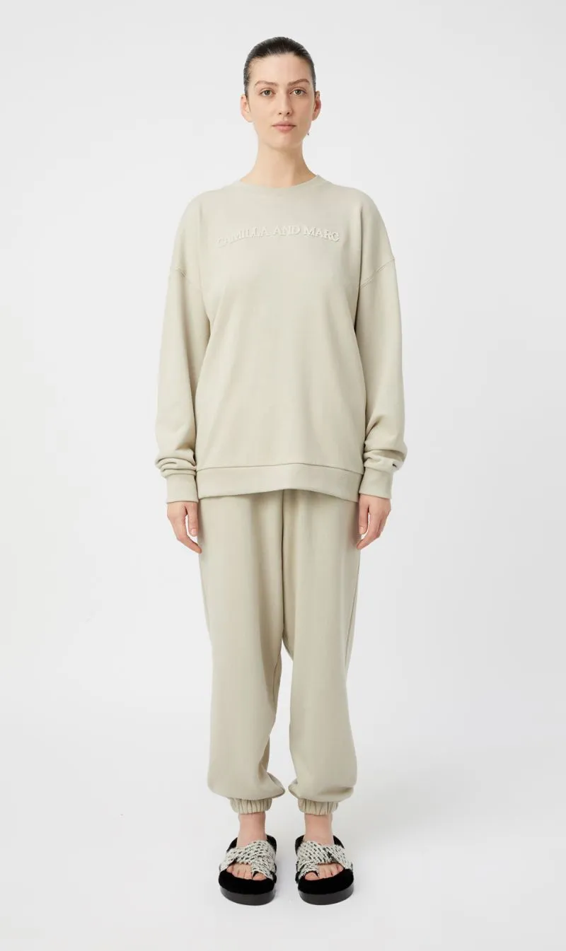 Camilla and Marc | Tia Flocking Logo Crew - Oyster sold by Sister & Co