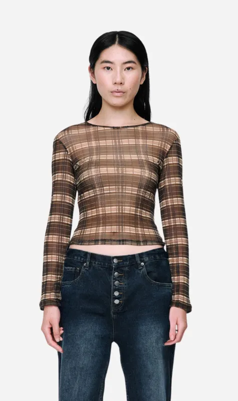 Wynn Hamlyn | Silk Mesh Long Sleeve Top - Brown Check sold by Sister & Co