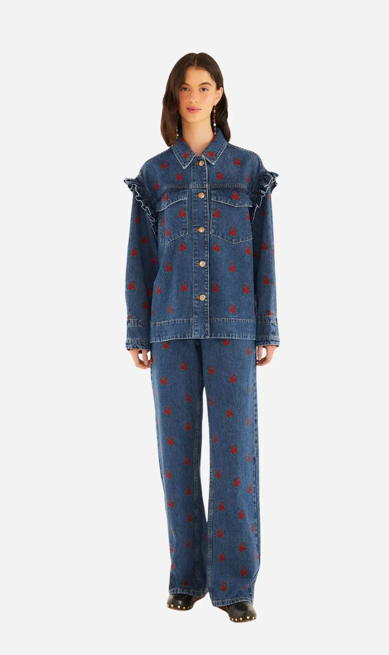 Farm Rio | Flower Embroidered Denim Shirt - Denim sold by Sisters & Co