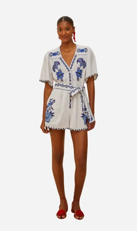 Farm Rio | Delicate Forest Blue Richelieu Embroidered Romper - Off White sold by Sister & Co