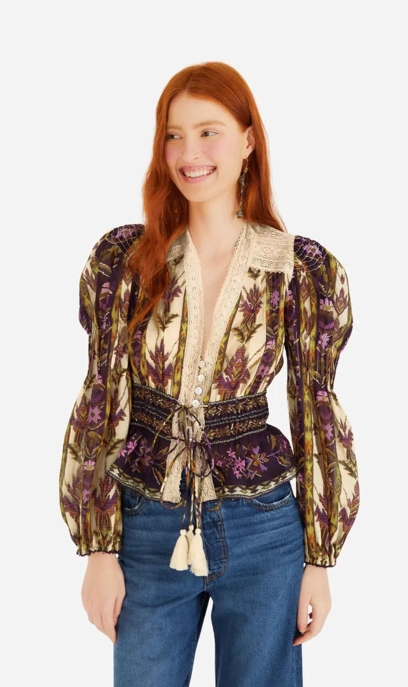 Farm Rio | Long Sleeve Top - Embroidered Tapestry Sand sold by Sisters & Co