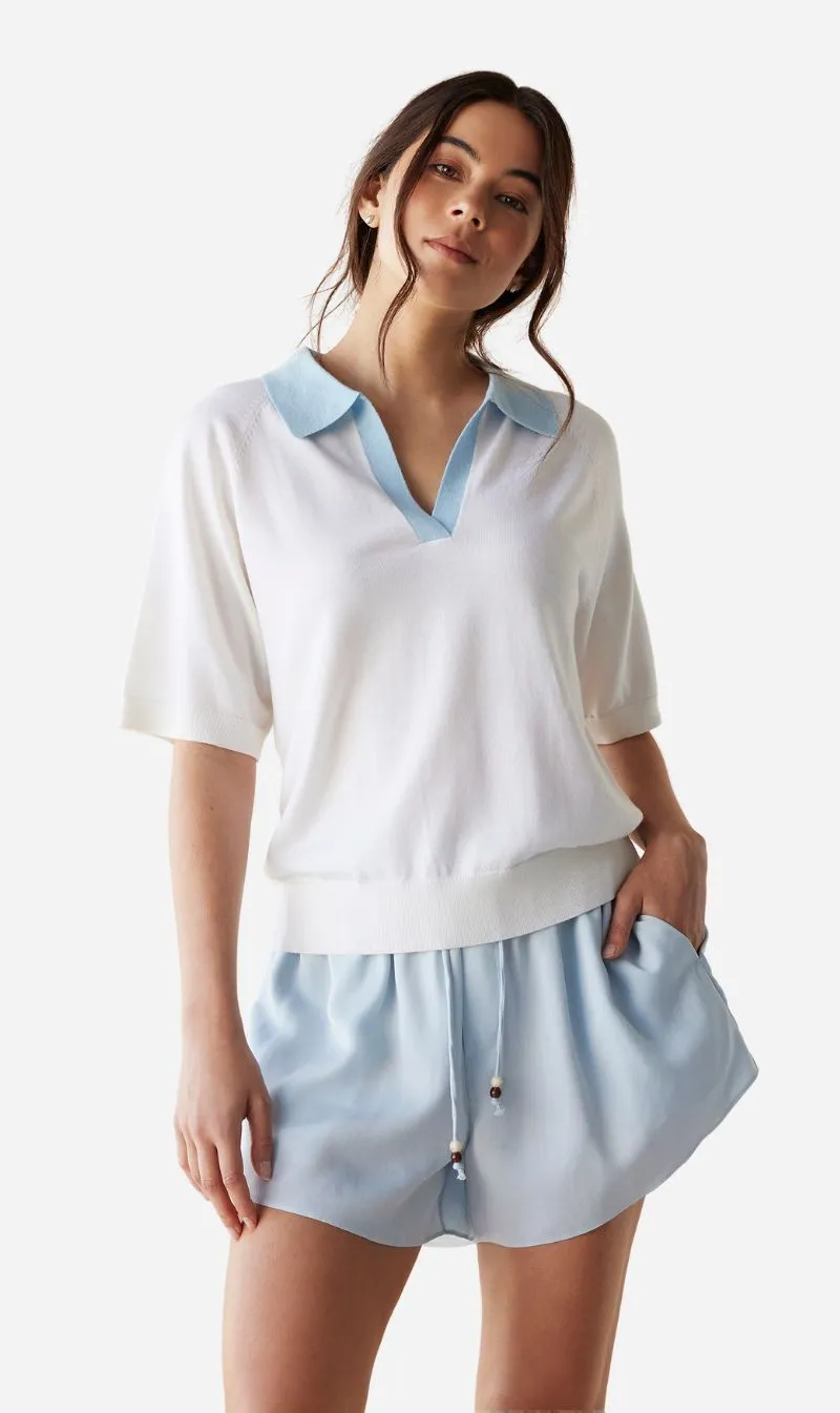 Dear Dylan | Merino Palmer Polo - Ivory/Azul sold by Sisters & Co