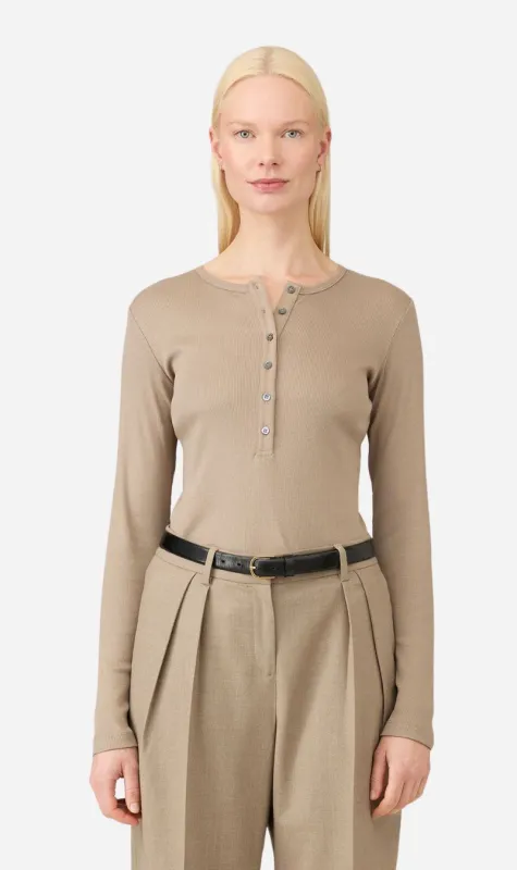 Sunspel | Rib Long Sleeve Henley - Mink sold by Sister & Co