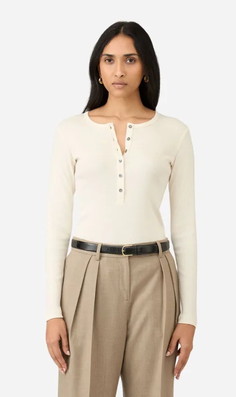 Sunspel | Rib Long Sleeve Henley - Ecru sold by Sisters & Co