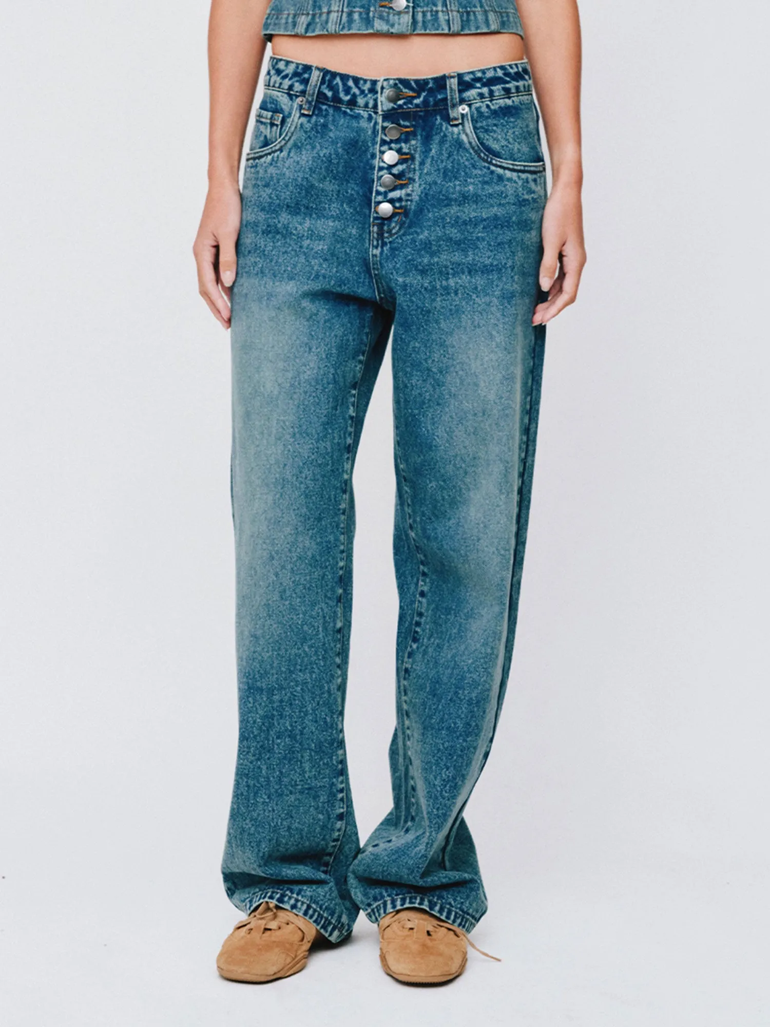 Wynn Hamlyn | Button Fly Classic Jeans - Mid Dirty Wash sold by Sisters & Co product image thumbnail 4