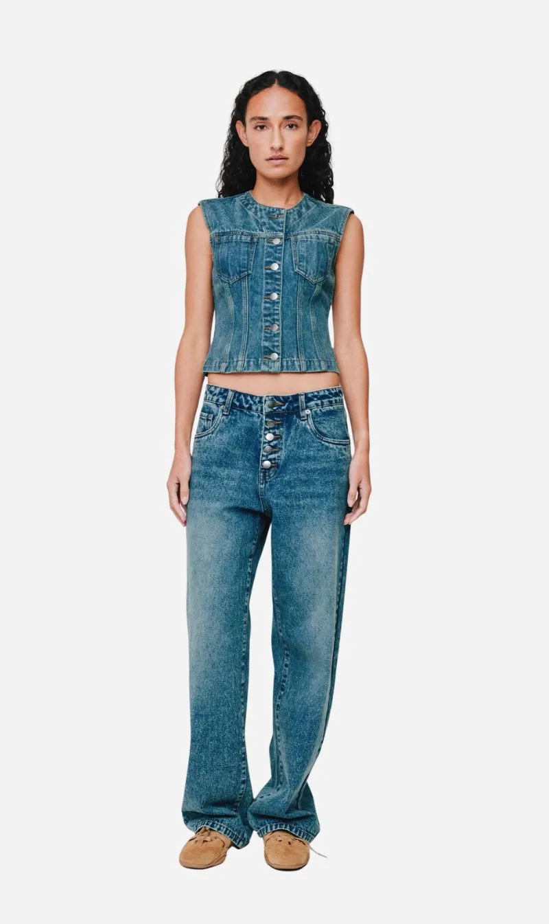 Wynn Hamlyn | Button Fly Classic Jeans - Mid Dirty Wash sold by Sisters & Co