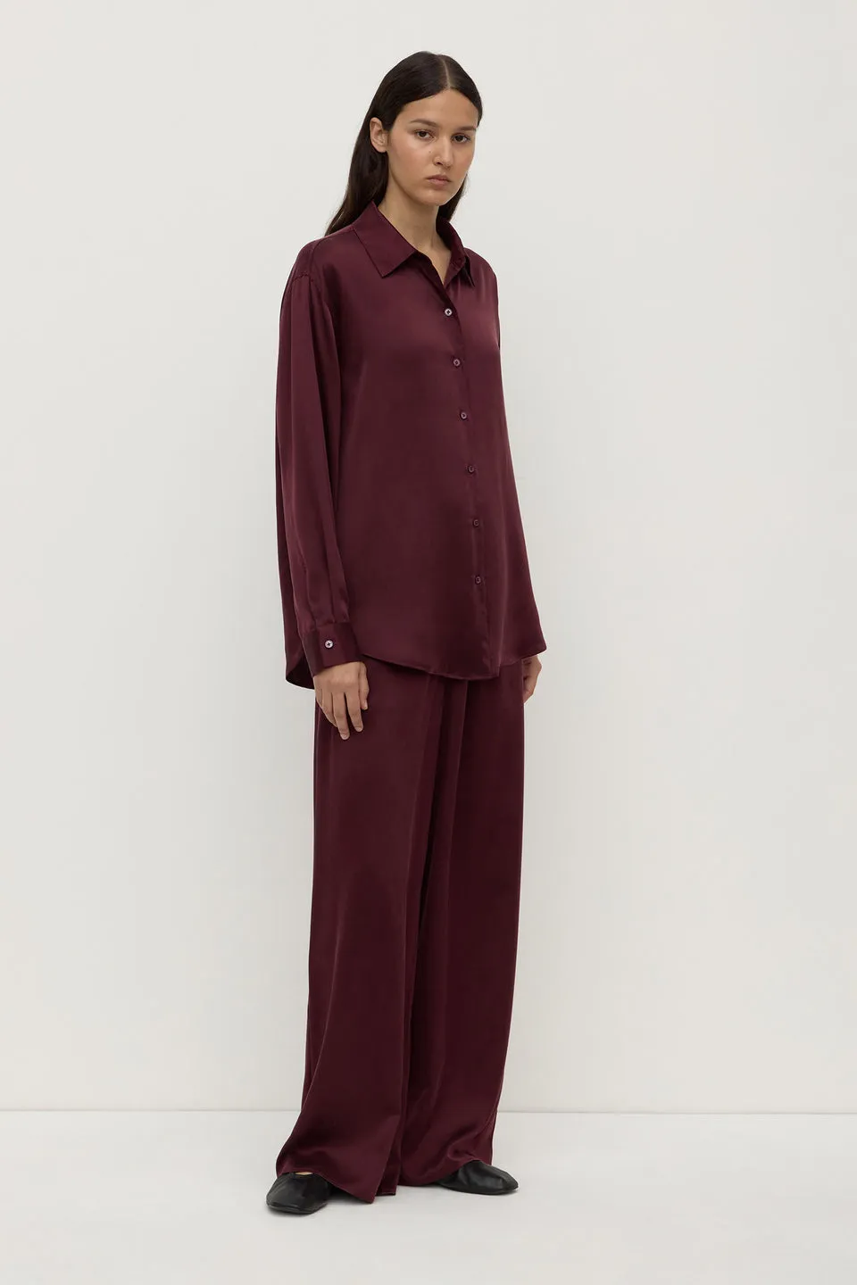 Assembly Label | Pippa Silk Long Sleeve Shirt - Merlot sold by Sisters & Co product image thumbnail 4