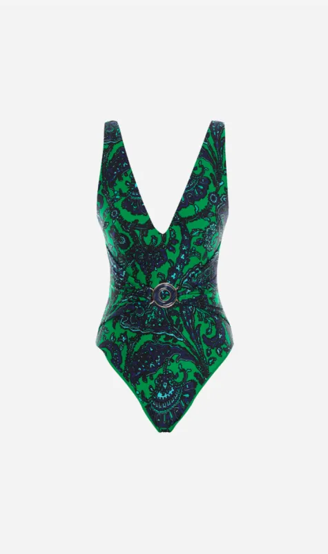 Zimmermann | Tiggy Plunge Circle Swimsuit - Navy/Green Paisley sold by Sister & Co