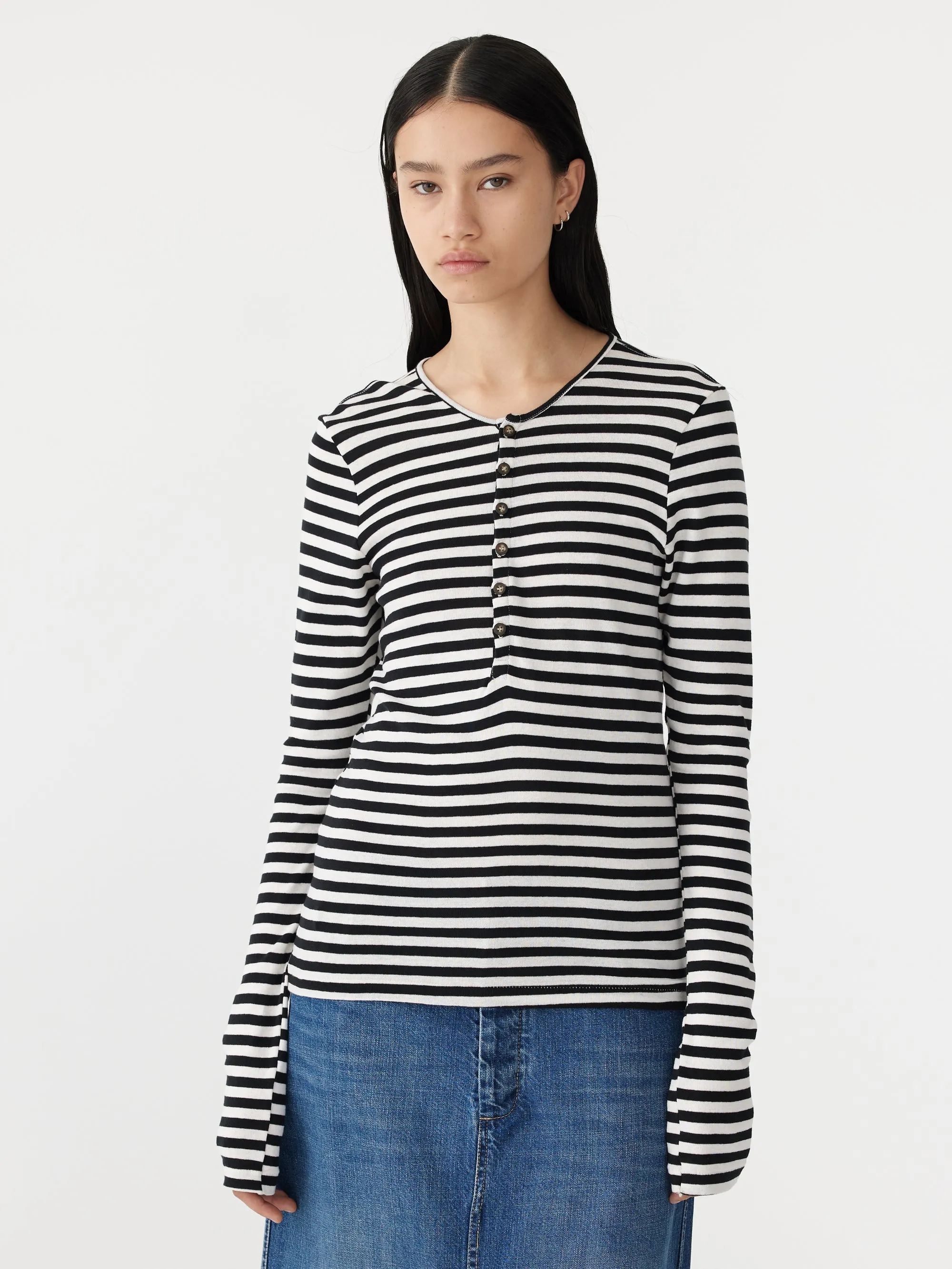 Bassike | Stripe Rib Placket Long Sleeve T.Shirt - Black/White sold by Sister & Co product image thumbnail 2