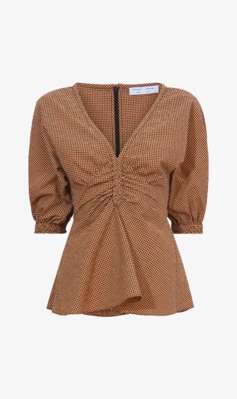 Proenza Schouler White Label | Gingham Long Sleeve Peplum Top - Coral/Black made by Proenza Schouler