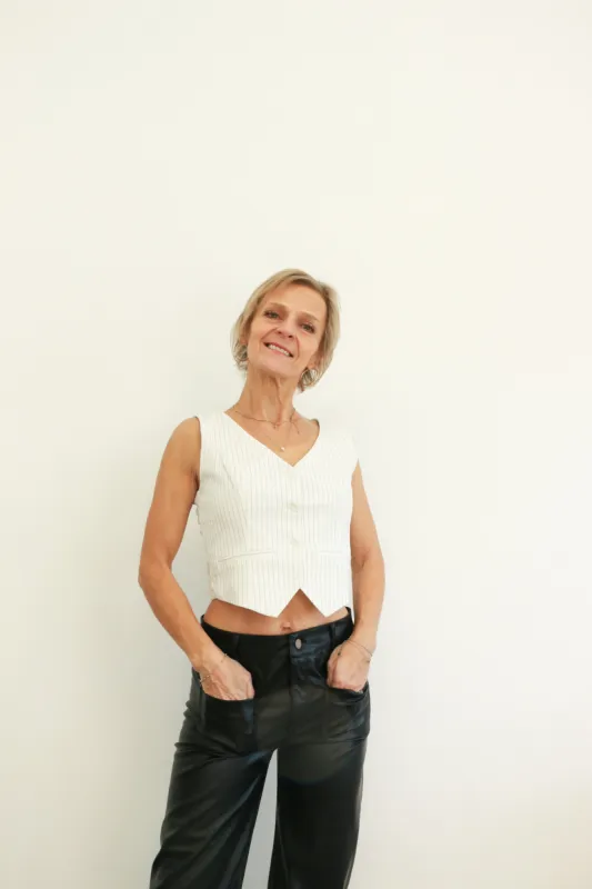 Eleanor Tuxedo Vest | Pinstripe White sold by Bella Chic