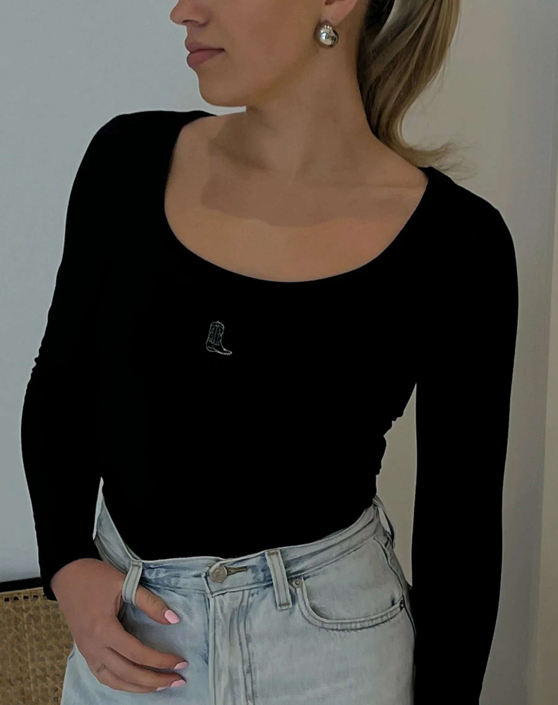 Cowboy Boot Long Sleeve Ribbed Fitted Tee | Black sold by Bella Chic product image thumbnail 2