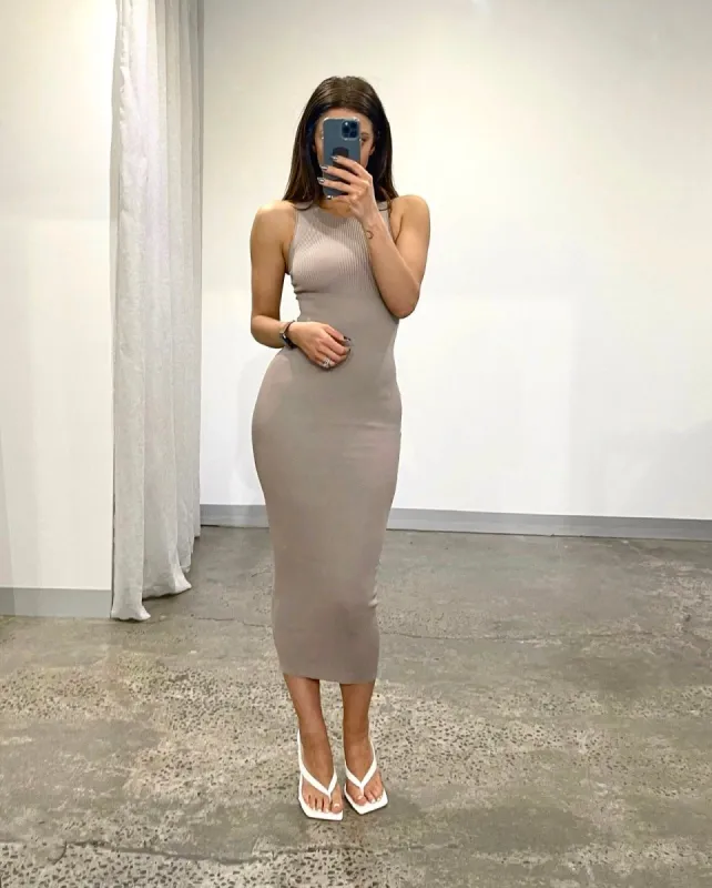 Devon Knit Midi Dress | Taupe sold by Bella Chic