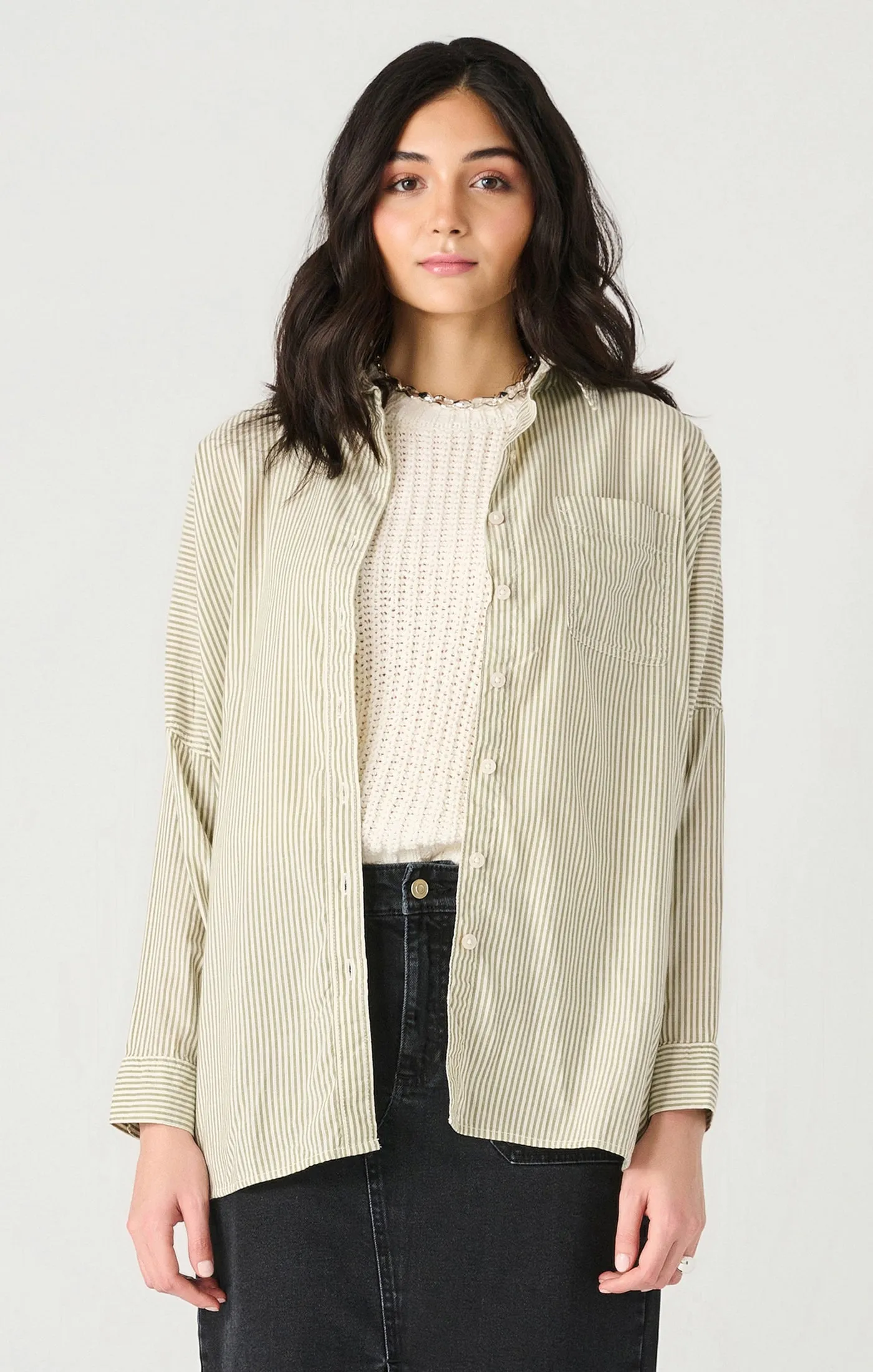 Long Sleeve Oversized Button Front Shirt | Ivory/Olive Stripe sold by Bella Chic