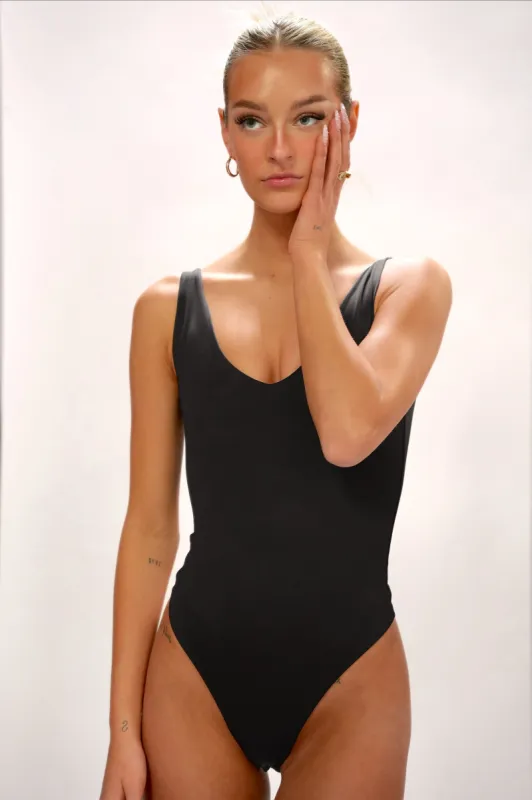 Valentina Double V Bodysuit | Black sold by Bella Chic